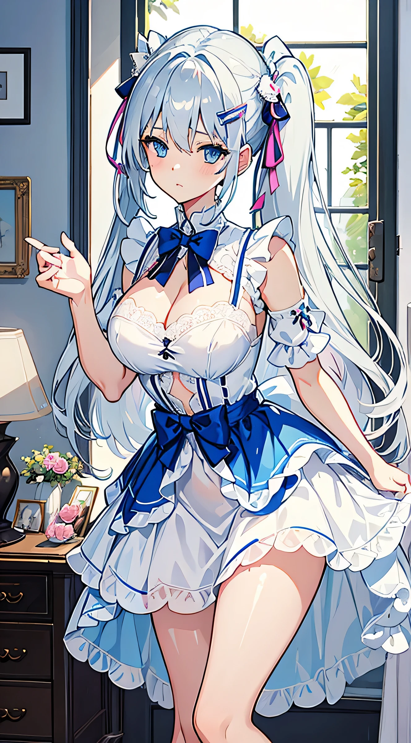 Beautiful illustrations、Top quality、、bedroom、Silver hair、Blue Eyes,Double ponytail long hair,Bow hair clip,Maid、White lace miniskirt,Transparent skirt,Super huge breasts、Showing cleavage、Show your belly button,Exposing breasts,Exposing nipples,Pink underwear exposed、Lift up your skirt with your hands、Lace leg loops,White Silk,