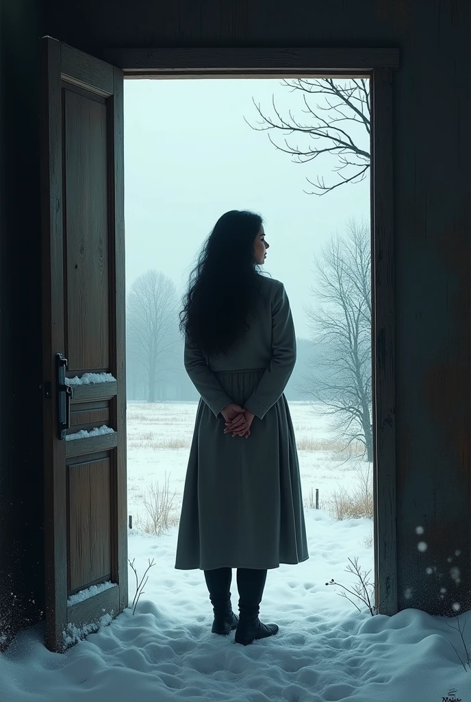 Lila Alone in Winter: Portray Lila standing at the doorstep of her cottage, looking out at the snow-covered fields where Raghav once worked and Meera played. The cold, barren landscape mirrors the emptiness in her heart.
