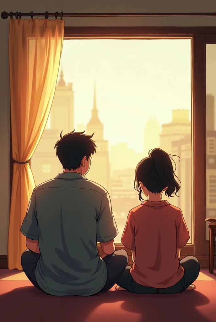 Reconciliation scene:Father and daughter sitting together,Spread out in front,View travel information together。