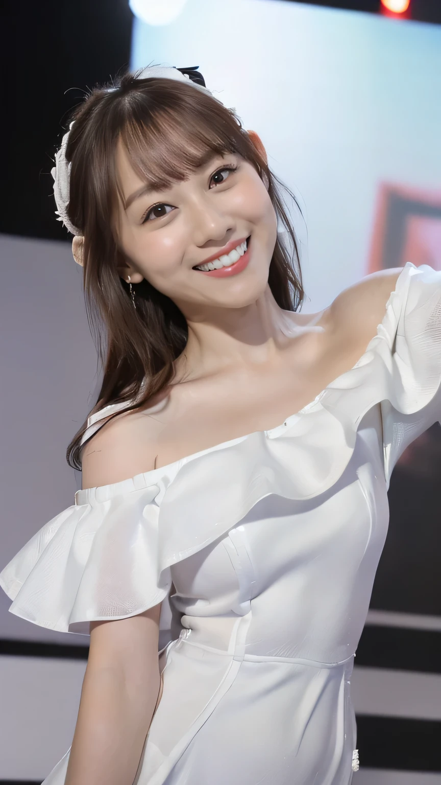 (8k、RAW Photos、Highest quality、masterpiece:1.2)、(Realistic、Realistic)、1 girl、((White off-the-shoulder dress、on stage、Get noticed、View from the front、smile、Looking into the camera 、smile、Upper body photo:1.5))、Leaning forward、cute、Large Breasts、(((Sing with a microphone)))