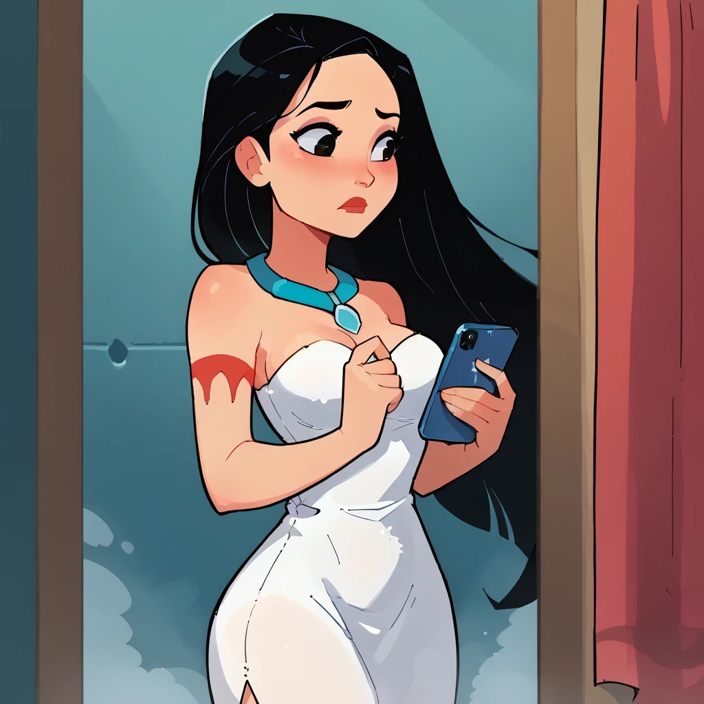 score_9_presence, score_8_up, Pocahontas, wrapped in towel, medium breasts, holding phone
