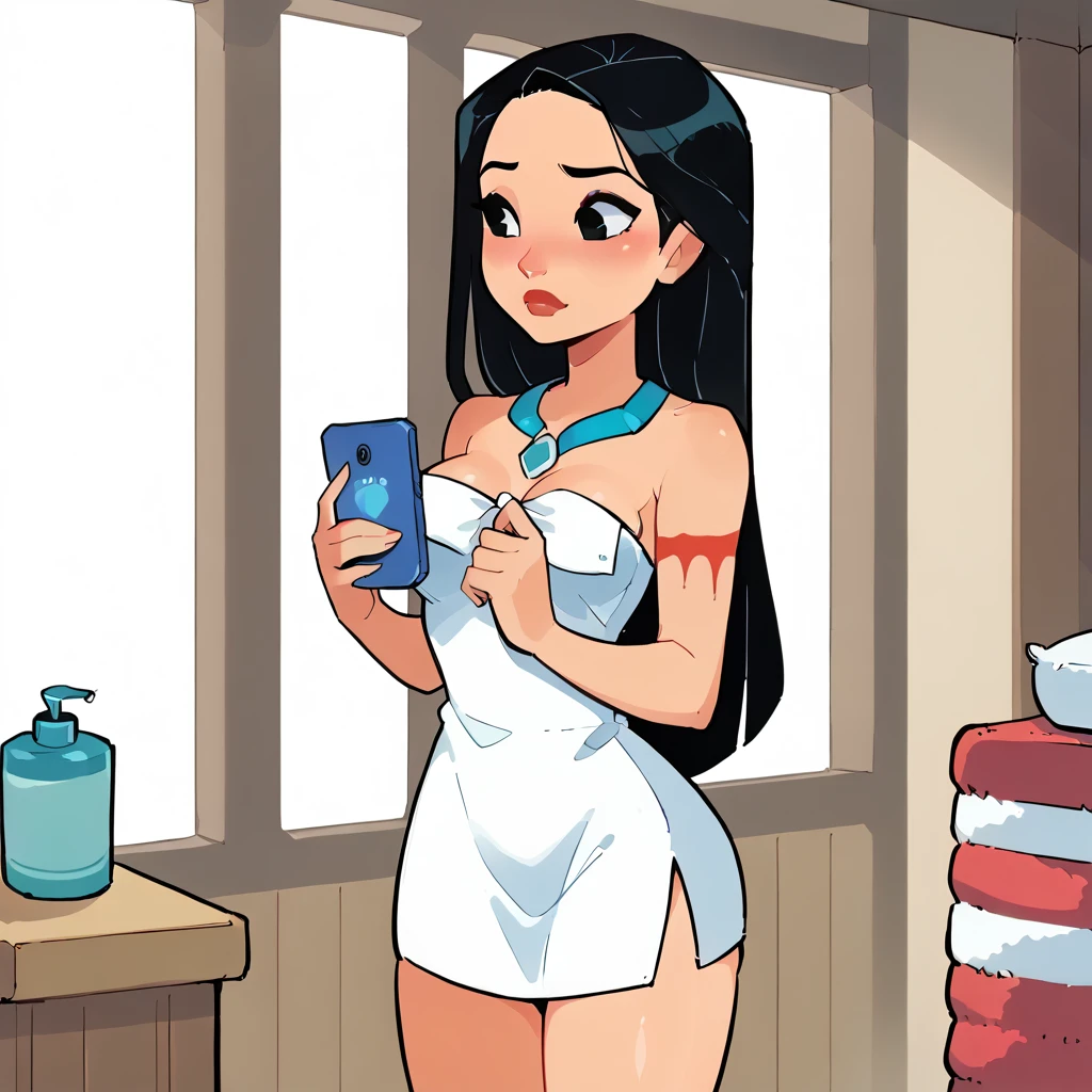 score_9_presence, score_8_up, Pocahontas, wrapped in towel, medium breasts, holding phone