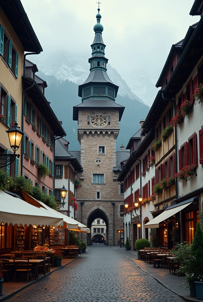 Here is a photo of Bern, the capital of Switzerland, showing the historic old town with its famous landmarks such as the Sieglogge clock tower. (Zytglogge) and cobblestone streets.