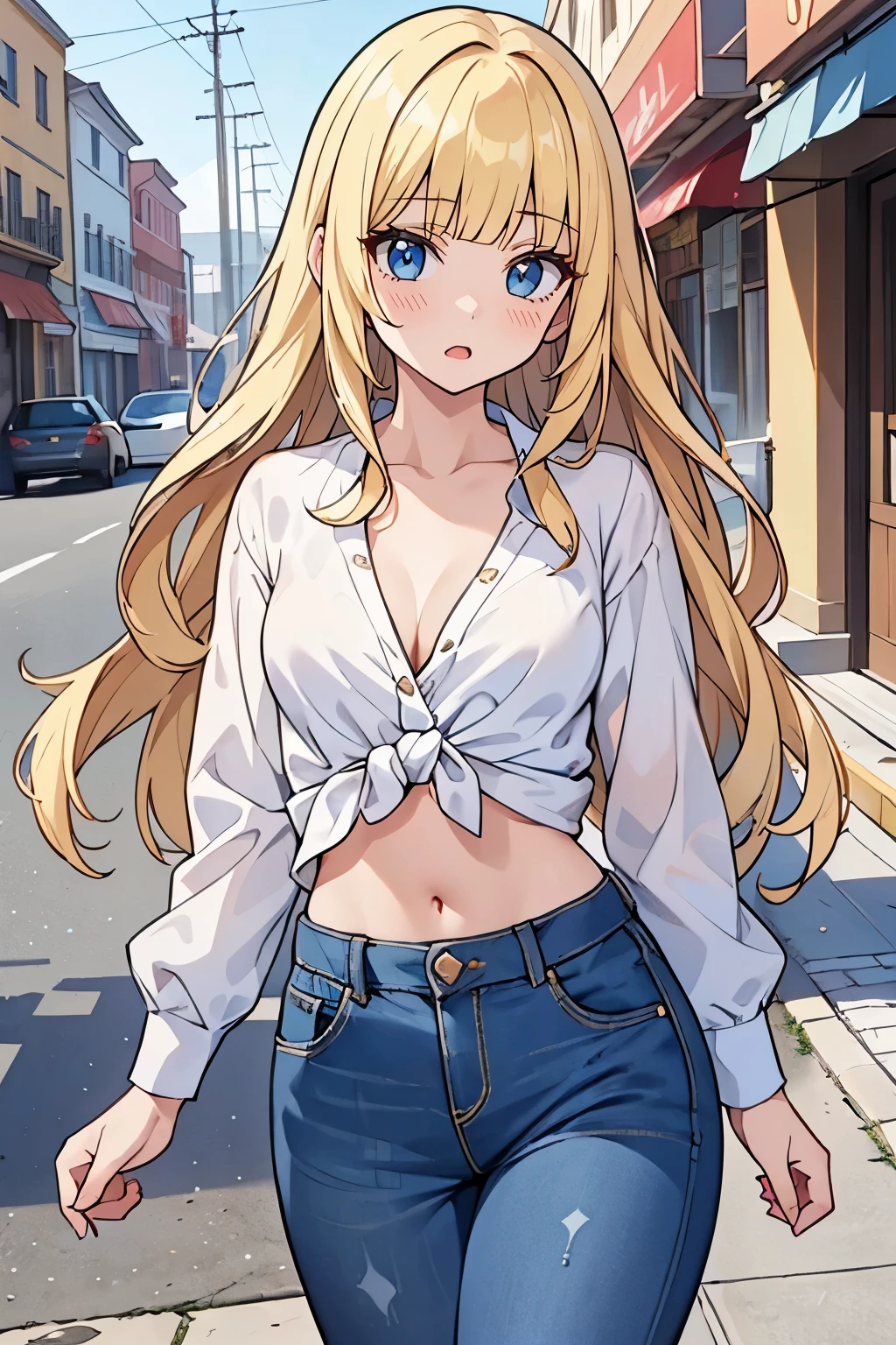 masterpiece, solo girl, (young female body:1.4), (medium small breasts), cowboy shot, flustered, yellow golden hair, extra gold long hair, thick wavy hair, hime cut, blunt bangs, crystal blue eyes, light blue detailed eyes, princess hairstyle, tied hair, college girl, dark blue jeans, white knotted button up shirt, tied shirt in the front, cropped knotted beach shirt, long sleeves, standing in the streets background, exposed midriff, cleavage