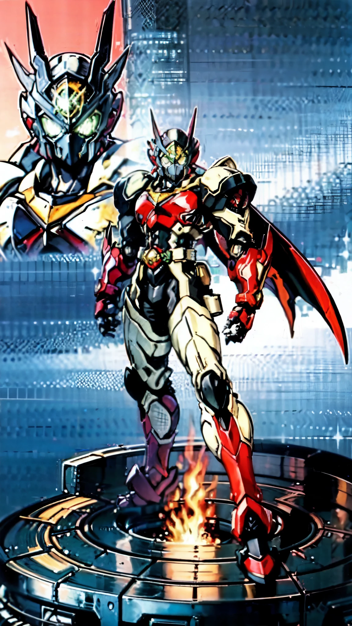 (masterpiece:1.5, best quality:1.5, extremely delicate:1.5, superhero pose:1.5), a man wearing a full-face helmet, a fantasy-style biotech armored combat suit, green eyes, (a composite layered chest armor), fully enclosed shoulder guards, matching arm and leg guards, belt of Neon circuit, (the color scheme is primarily black with green and red accents), the design balances heavy with agility, a high-tech bio-mecha armor, (Armor Concept Inspired by Dragon, stand on the top of a skyscraper in a futuristic sci-fi city), this character embodies a finely crafted fantasy-surreal style armored hero in anime style, exquisite and mature manga art style, (element, plasma, energy, the armor glows), ((male:1.5)), metallic, high definition, highres, ultra-detailed, ultra-fine painting, professional, perfect body proportions, golden ratio, anatomically correct, symmetrical face, extremely detailed eyes and face, high quality eyes, creativity, RAW photo, UHD, 32k, Natural light, cinematic lighting, masterpiece-anatomy-perfect