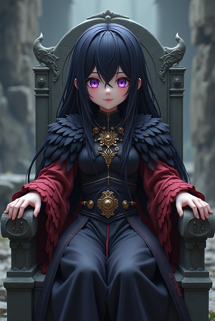 Long Black Hair、Purple Eyes、God's garments、It has reddish-black crow-like feathers.、Made of stone々Sitting on a crumbling throne、、Anime Style、Rest your elbows on the throne、A cute smile