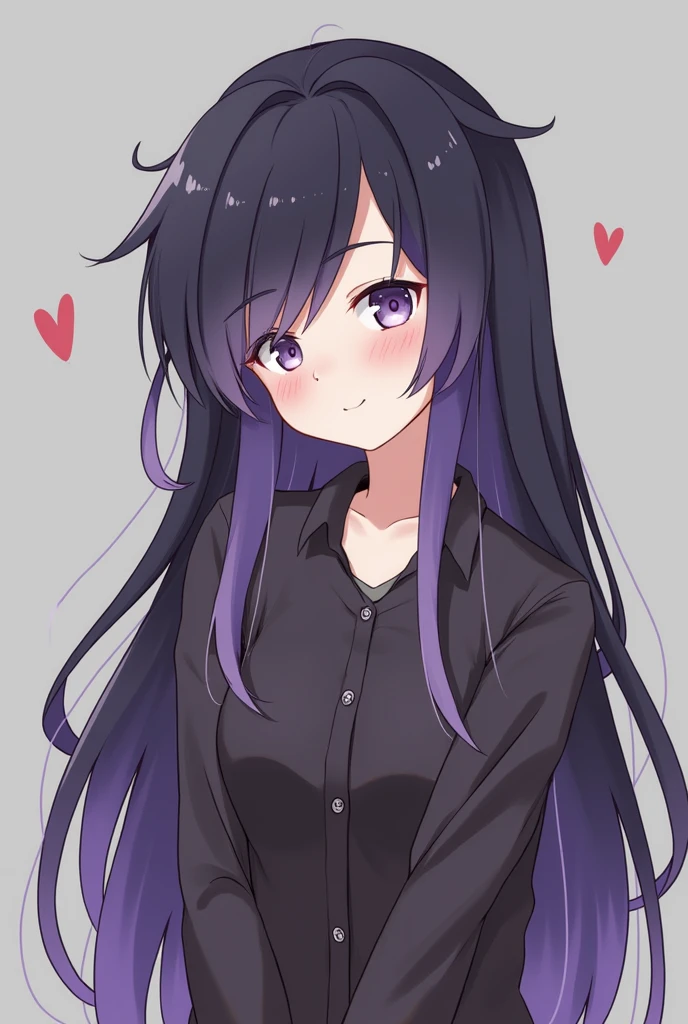 Shy，Girlfriend，Long hair，Black and purple hair，Front convex and back curved，blush