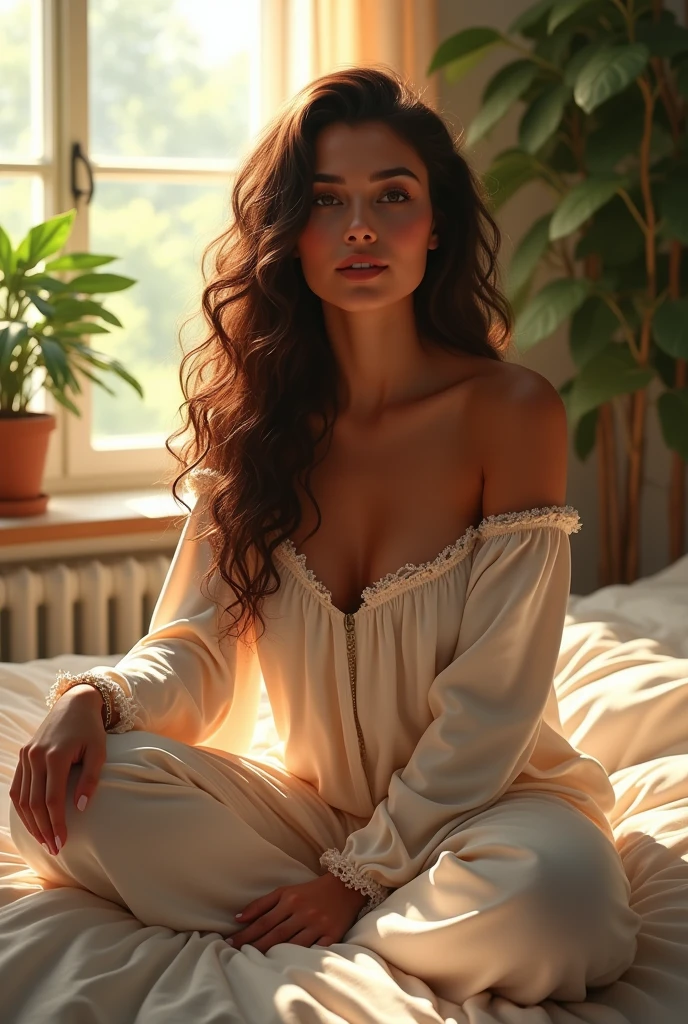 (photorealism:1.2), beautiful woman, sitting on bed, wearing loose off-shoulder top, pajama pants, long curly hair, indoors, soft lighting, plants in background, window with sunlight, cozy room, relaxed pose, realistic, intricate details, warm colors, by Greg Rutkowski, by Alphonse Mucha