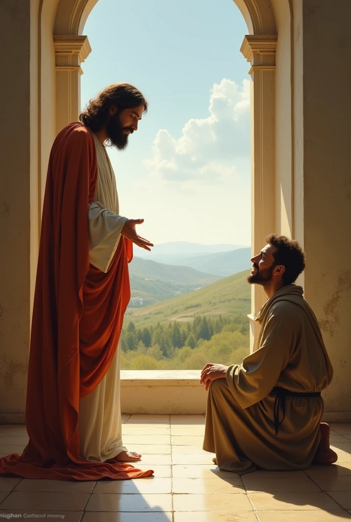 Jesus is talking to a man in a room with a beautiful view.