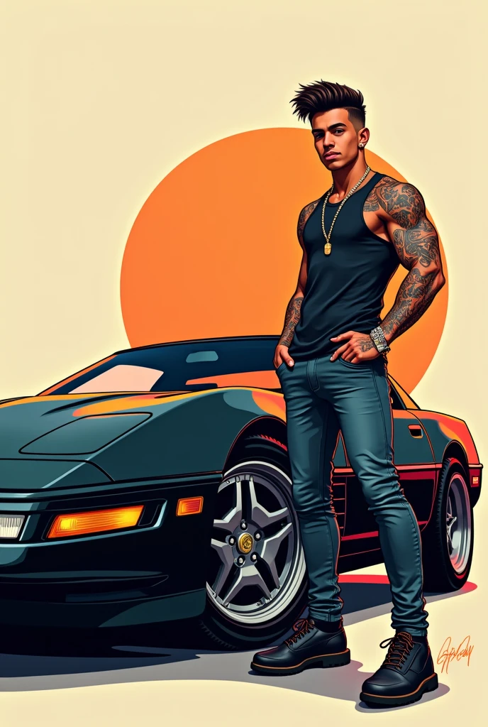 Young brown man tattooed corvette c5 black cartoon