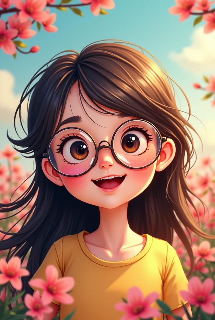 Create the name "Lucky S Creation" in art theme with a girl with specs and long hair cute smile 1:1 ratio