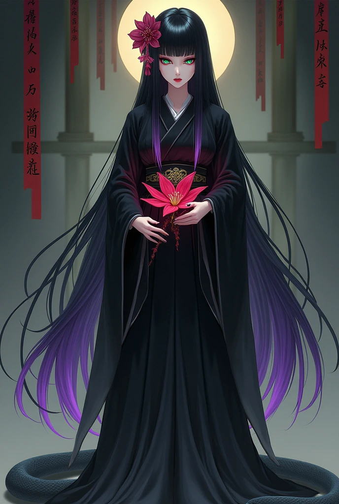 Long, straight, black hair with a purple gradation from the ends.。Her long hair, coiled like a snake on the ground, is adorned with a chrysanthemum hair ornament.。Long, cool, deep green eyes。A captivating Japanese beauty with a serpentine face, smiling alluringly.。She has an air of elegance, nobility, mystery, and something terrifying and eerie.。She is wearing a black shrine maiden outfit and holding a red spider lily in front of the altar for a ritual.。
She is a sorcerer who uses the outer world and is skilled in the art of poisoning.。He always keeps several poisonous snakes in his shadows and can summon snakes to serve him in times of emergency.。
She is the heir to a clan that worships the Yamata no Orochi as their tutelary deity。She may appear young, but she has been reincarnated for over a thousand years, making her far more cunning and sly than her appearance suggests.。