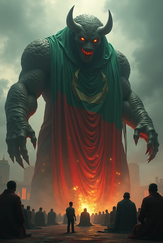 A big angry monster his wearing oman flag and his speech Qur'an others people pray namaz