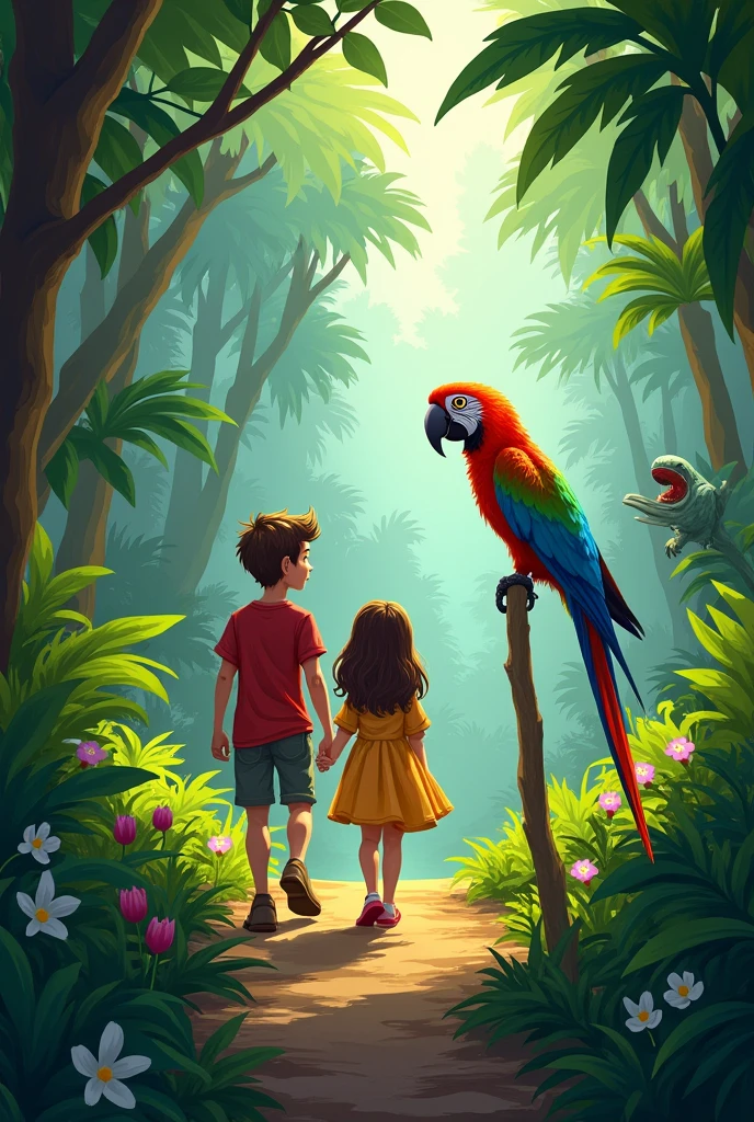 As they advanced through the forest, Peter and Laura, they encountered talking and enchanting animals.
first, knew Jandira, a macaw with bright feathers.
Jandira, Peter and Laura evitaram uma planta carnívora e descobriram uma trilha secreta.