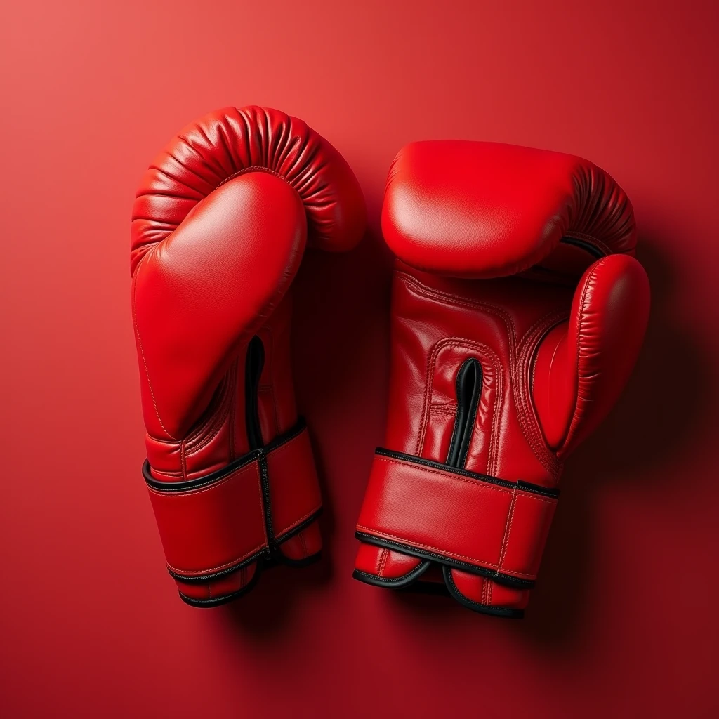 thing,An oncoming red boxing glove。Red leather boxing gloves。Multi-angle。top view
