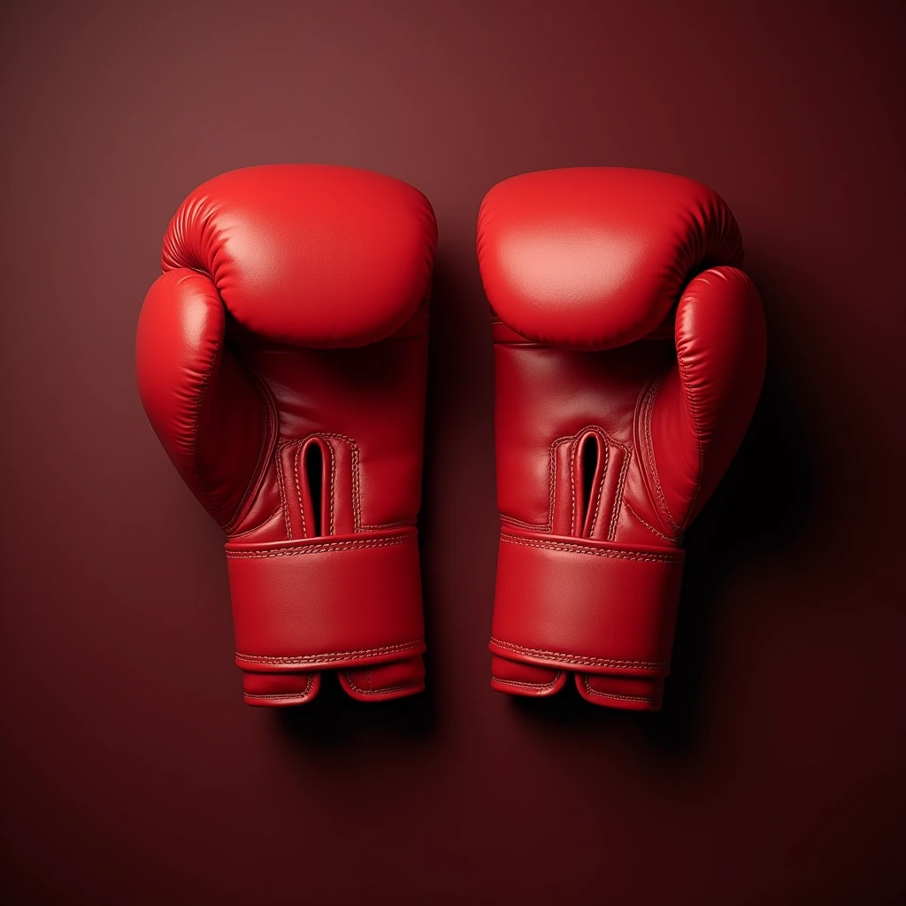thing，An oncoming red boxing glove。Red leather boxing gloves。Multi-angle。top view