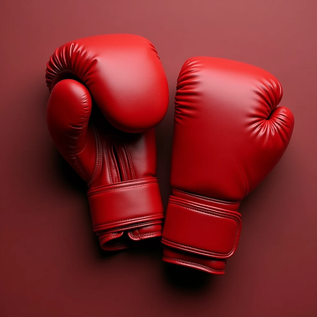 thing,An oncoming red boxing glove。Red leather boxing gloves。Multi-angle。top view