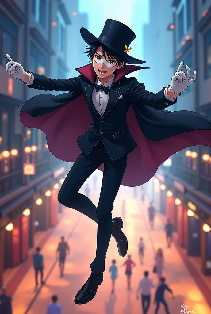 Young Thief, Wearing a white eye mask, Wear a suit jacket and black pants., Put on a magician's hat, Wear a black cloak, Wear white gloves and black shoes., Make a sly smile, Anime, Make a floating pose, Look down below, The floor is sleeping like a festival below.