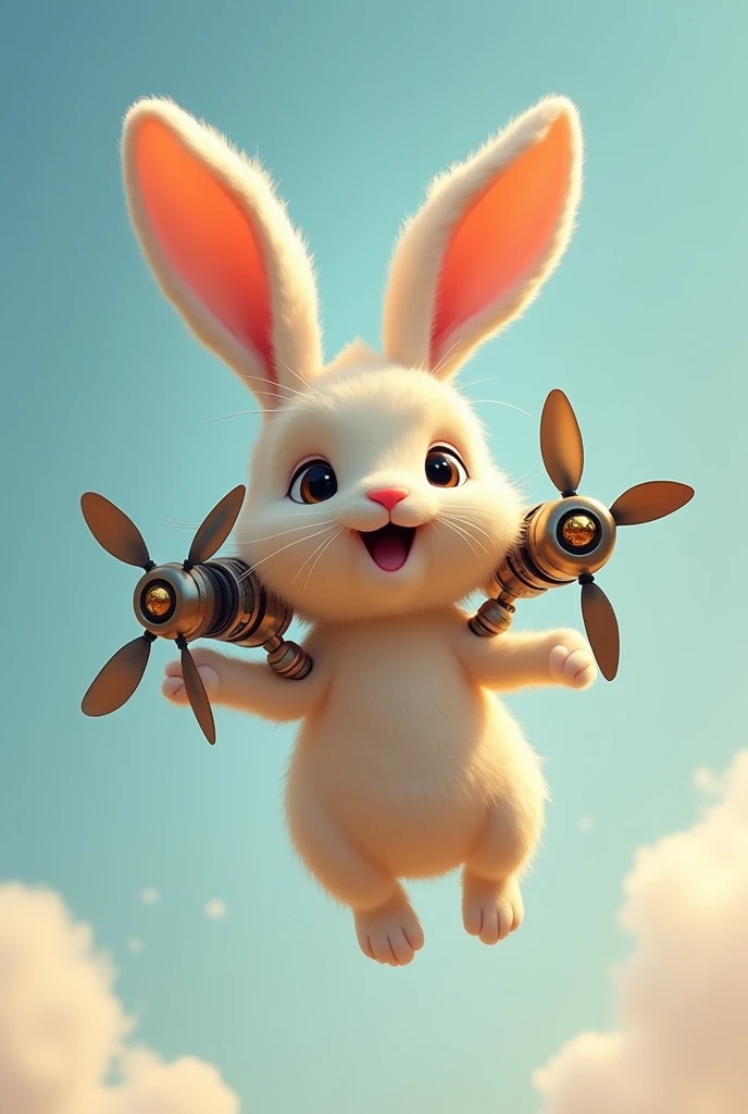 A rabbit with propellers for ears is flying.