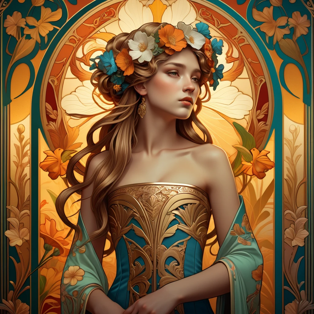 old (Masterpiece, Best Quality, Highres:1.2) Art Nouveau Style Beautiful Woman with Long Hair Shaped as Flowers in the Style of Alphonse Mucha, portrait of a beautiful cute, very beautiful, standing artistically, realistic natural, professional light distribution, very artistic lighting gradation, artistic detail, highly detailed, centered, Nymph-pattern vintage wallpaper with dramatic backlighting casting deep shadows, featuring a meticulously crafted illustration inspired by Dan Mumford and Alphonse Mucha, hyper-realistic and photorealistic textures, extremely detailed with intricate floral and foliage elements, octane rendered in 8K (extremely detailed 8k wallpaper), Golden ratio, hidden ancient Greek symbols (, Spiral), balanced design, color harmony, Vernis Martin, golden, ancient mythology, artistically twisted edges, reminiscent of old-world craftsmanship with a contemporary edge, volumetric lighting, ultra fine details, floral, .Roman clothing. She wears a Strapless dress, Roman dress, Open Chest and elegant embroidery, Oriental accessories.
