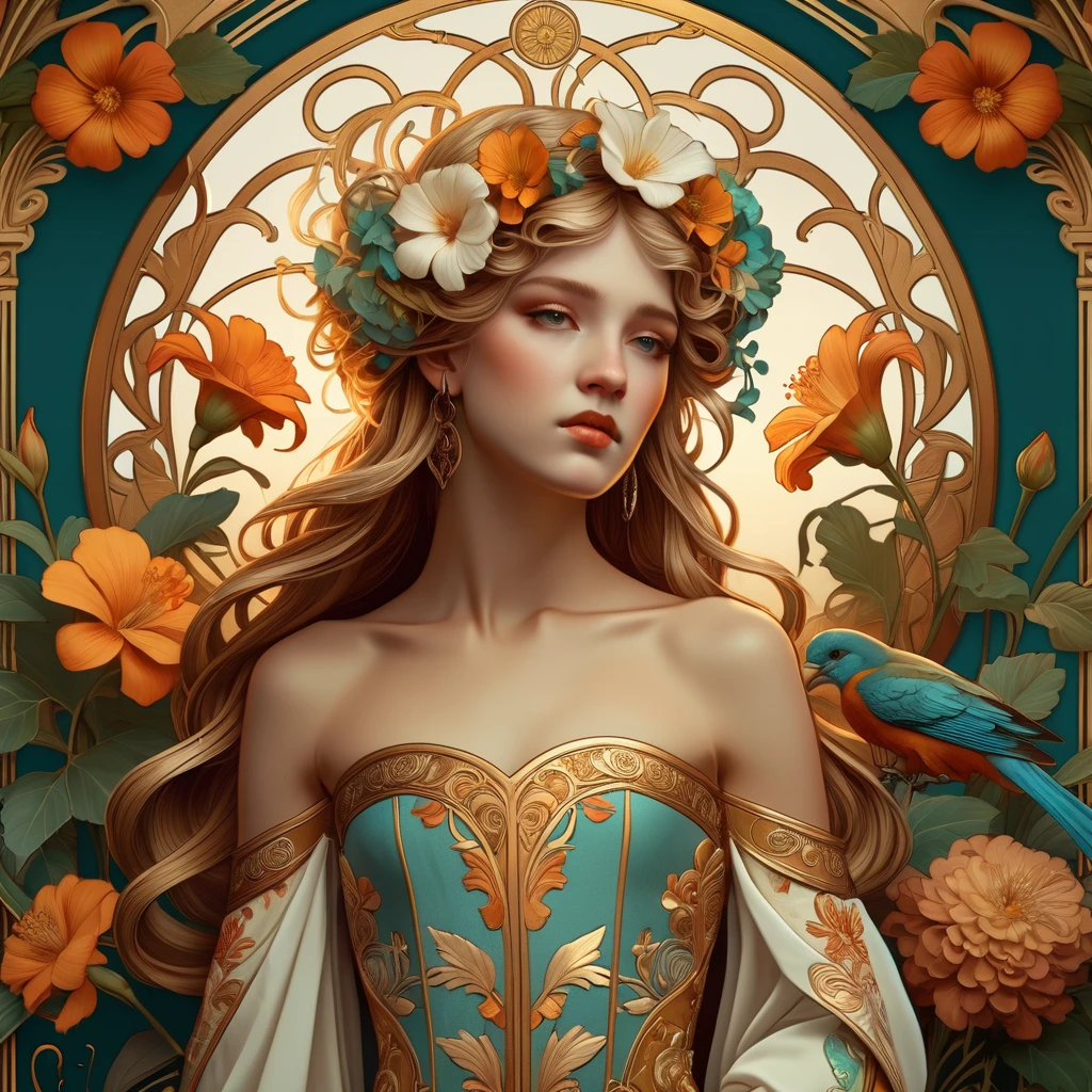 old (Masterpiece, Best Quality, Highres:1.2) Art Nouveau Style Beautiful Woman with Long Hair Shaped as Flowers in the Style of Alphonse Mucha, portrait of a beautiful cute, very beautiful, standing artistically, realistic natural, professional light distribution, very artistic lighting gradation, artistic detail, highly detailed, centered, Nymph-pattern vintage wallpaper with dramatic backlighting casting deep shadows, featuring a meticulously crafted illustration inspired by Dan Mumford and Alphonse Mucha, hyper-realistic and photorealistic textures, extremely detailed with intricate floral and foliage elements, octane rendered in 8K (extremely detailed 8k wallpaper), Golden ratio, hidden ancient Greek symbols (, Spiral), balanced design, color harmony, Vernis Martin, golden, ancient mythology, artistically twisted edges, reminiscent of old-world craftsmanship with a contemporary edge, volumetric lighting, ultra fine details, floral, .Roman clothing. She wears a Strapless dress, Roman dress, Open Chest and elegant embroidery, Oriental accessories.