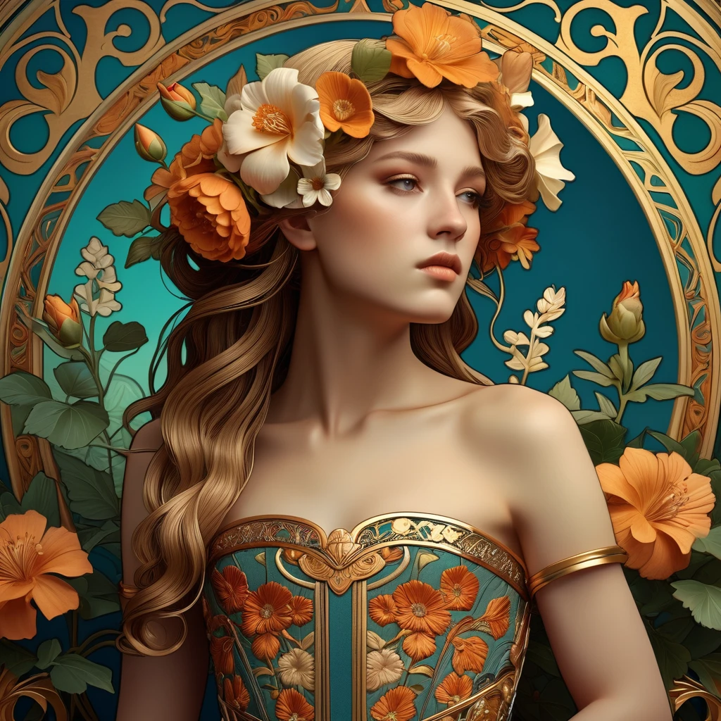 old (Masterpiece, Best Quality, Highres:1.2) Art Nouveau Style Beautiful Woman with Long Hair Shaped as Flowers in the Style of Alphonse Mucha, portrait of a beautiful cute, very beautiful, standing artistically, realistic natural, professional light distribution, very artistic lighting gradation, artistic detail, highly detailed, centered, Nymph-pattern vintage wallpaper with dramatic backlighting casting deep shadows, featuring a meticulously crafted illustration inspired by Dan Mumford and Alphonse Mucha, hyper-realistic and photorealistic textures, extremely detailed with intricate floral and foliage elements, octane rendered in 8K (extremely detailed 8k wallpaper), Golden ratio, hidden ancient Greek symbols (, Spiral), balanced design, color harmony, Vernis Martin, golden, ancient mythology, artistically twisted edges, reminiscent of old-world craftsmanship with a contemporary edge, volumetric lighting, ultra fine details, floral, .Roman clothing. She wears a Strapless dress, Roman dress, Open Chest and elegant embroidery, Oriental accessories.