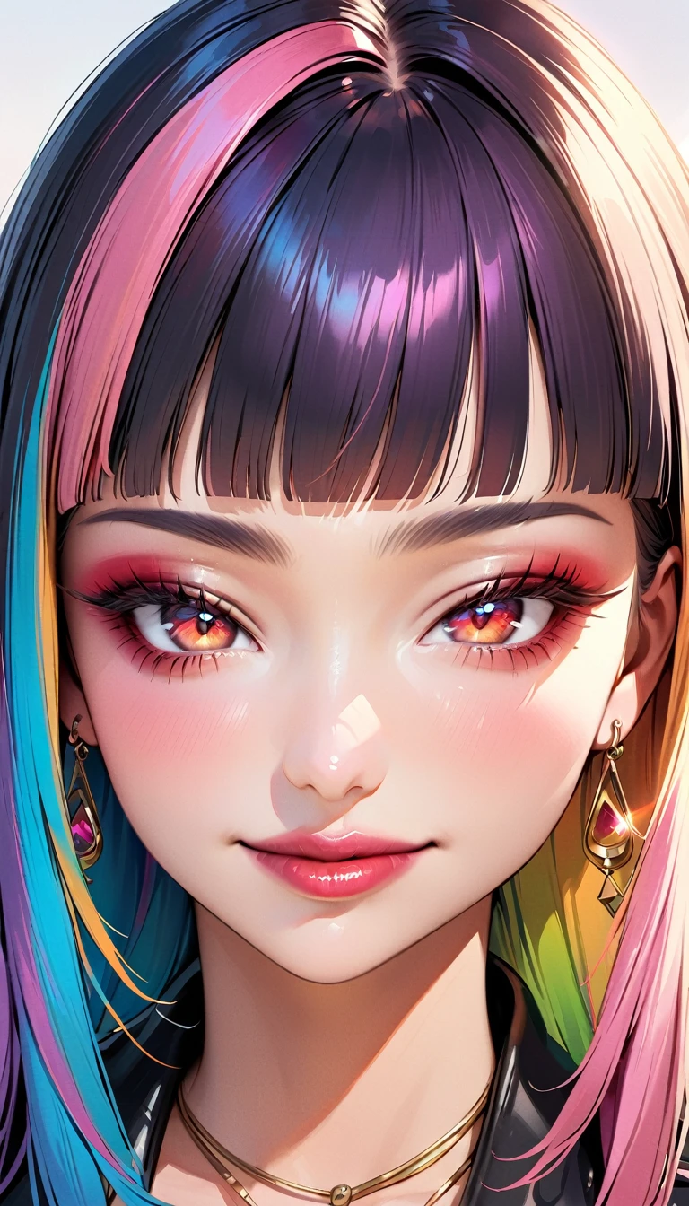 (8k、Highest quality、masterpiece:1.2)、Very detailed、Super Resolution、Realistic、pastel colour、Rainbow Hair、Earrings、eyelash、Grin、Anime Style、One girl、(Rainbow Hair:1.5)、((Blunt bangs:1.5)),Red eyes、Lips pink、lip、compensate, necklace,、Goth、smile,、Half-closed eyes、 (Face Focus:1.3,Upper Body)、(Holopunk Style:1.3)、(Clear Face:1.3)、Cute Face、Simple Background