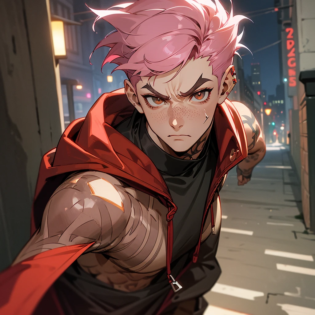 arcane style, (1 man), handsome, cropped hooded jacket, dark red jacket with black details, tattoo on arm, asymmetrical bangs, band-aid, short hair (shaved on one side), bangs freckles, light brown eyes, muscular man, looking at viewer, tattoo on neck, piercing in nose, pink hair, scar, scar on face, solo, tattoo on face, detailed background, city, alley, dark alley, night, angry, close-up, mouth closed, , ((masterpiece)), masculine face,