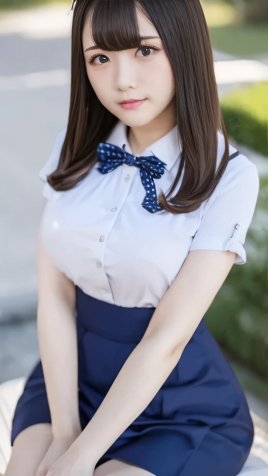 (8k、RAW Photos、Highest quality、masterpiece:1.2)、(Realistic、Realistic)、1 girl、((High School Uniform:1.6、White blouse、Navy blue pleated skirt))、Short Bob、View from the front、smile、Looking into the camera 、smile))、cute、Large Breasts、Cleavage、classroom、Sitting in a chair、Crossing your legs
