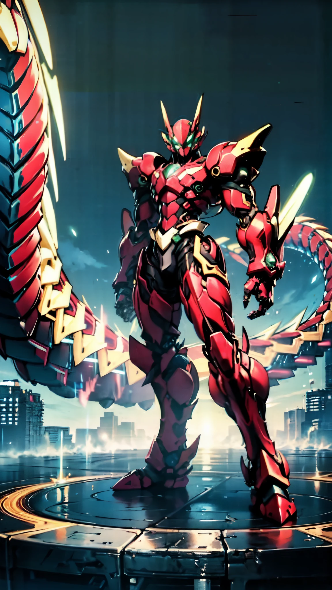 (masterpiece:1.5, best quality:1.5, extremely delicate:1.5, superhero pose:1.5), a man wearing a full-face helmet, a fantasy-style biotech armored combat suit, green eyes, (a composite layered chest armor), fully enclosed shoulder guards, matching arm and leg guards, belt of Neon circuit, (the color scheme is primarily black with green and red accents), the design balances heavy with agility, a high-tech bio-mecha armor, (Armor Concept Inspired by Dragon, stand on the top of a skyscraper in a futuristic sci-fi city), this character embodies a finely crafted fantasy-surreal style armored hero in anime style, exquisite and mature manga art style, (element, plasma, energy, the armor glows), ((male:1.5)), metallic, high definition, highres, ultra-detailed, ultra-fine painting, professional, perfect body proportions, golden ratio, anatomically correct, symmetrical face, extremely detailed eyes and face, high quality eyes, creativity, RAW photo, UHD, 32k, Natural light, cinematic lighting, masterpiece-anatomy-perfect