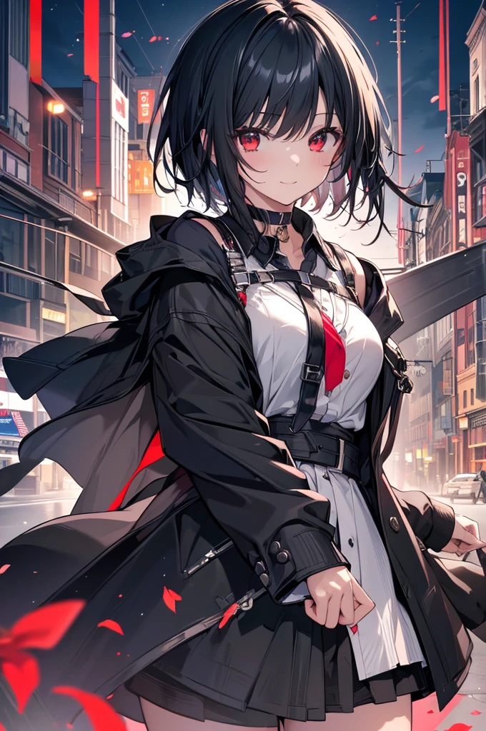 (masterpiece, highest quality, highest quality, (No text), Beautiful and aesthetic:1.2),No text,アニメ、BREAK,One Girl,Black Hair Girl short hair older sister choker Beautiful eyes Red eyes cool smile Black and Red whole body In town