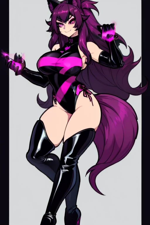 female, black long hair with magenta trim, silver eyes, wolf ears, wolf tail, (((1girl))), (((black and magenta leotard))), (black clawed gauntlets), (black thigh high boots), (black eye mask), cute and sexy, full body, large breasts, long legs, smiling