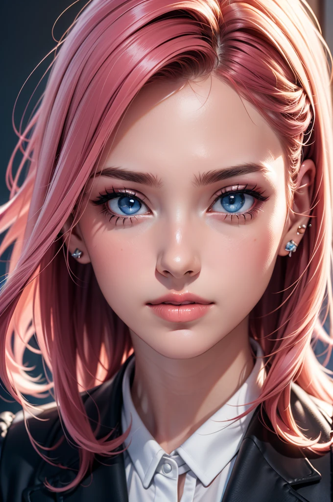 masterpiece, best quality, close-up, portrait, 3D,1girl, solo, perfect face, long hair, academy blue school uniform , long light blonde hair dyed with tint of pink color and with cute fluffy bangs well styled, hair dyed with pink color, detailed light blue eyes highlight light reflecting in her eyes, looking straight to the viewer, realistic, upper body, white background, colorful lighting, lips, edgy makeup, black shade of makeup on eyelids, ear piercing, fair skin, perfect hourglass body, she has sharp jawline, ID photo, The artwork should have the best quality, with ultra-detailed and realistic features. The color palette should be vivid, and the lighting should emphasize the character's facial structure and expression.