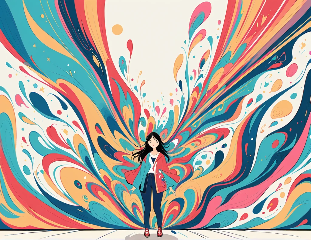 Mai Yoneyama style, Standing in front of a high wall,Simple Line Initialism,Abstract art,Urban Background, (((The most beautiful girl))), colorful flowers