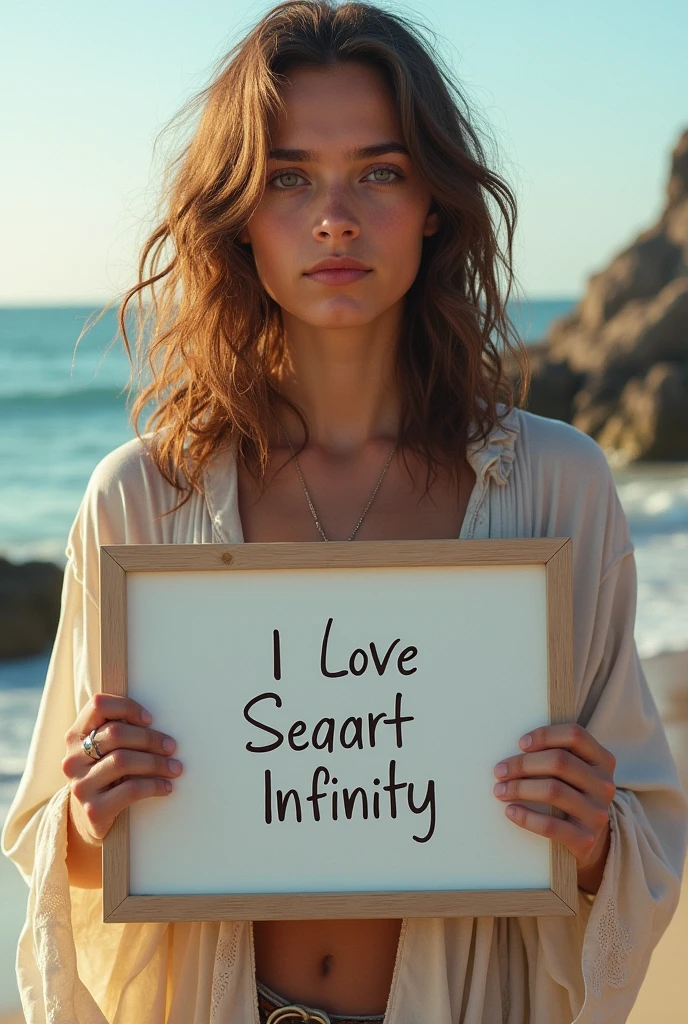 Beautiful boywith wavy long hair, bohemian dress, holding a white board with Rohan
"I Love Seaart Infinity" and showing it to the viewer
