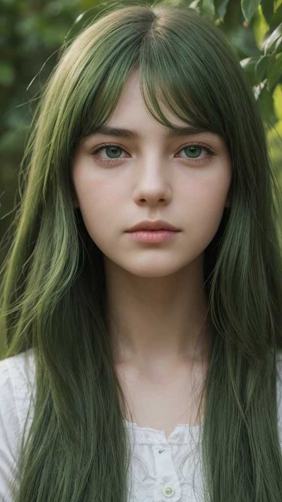 facial portrait. a girl. european. extremely detailed face. oval face. delicate features. deep sadness. half-closed eyes. green eyes. long, straight, very thick hair. green hair. dull expression. frontal. outdoors