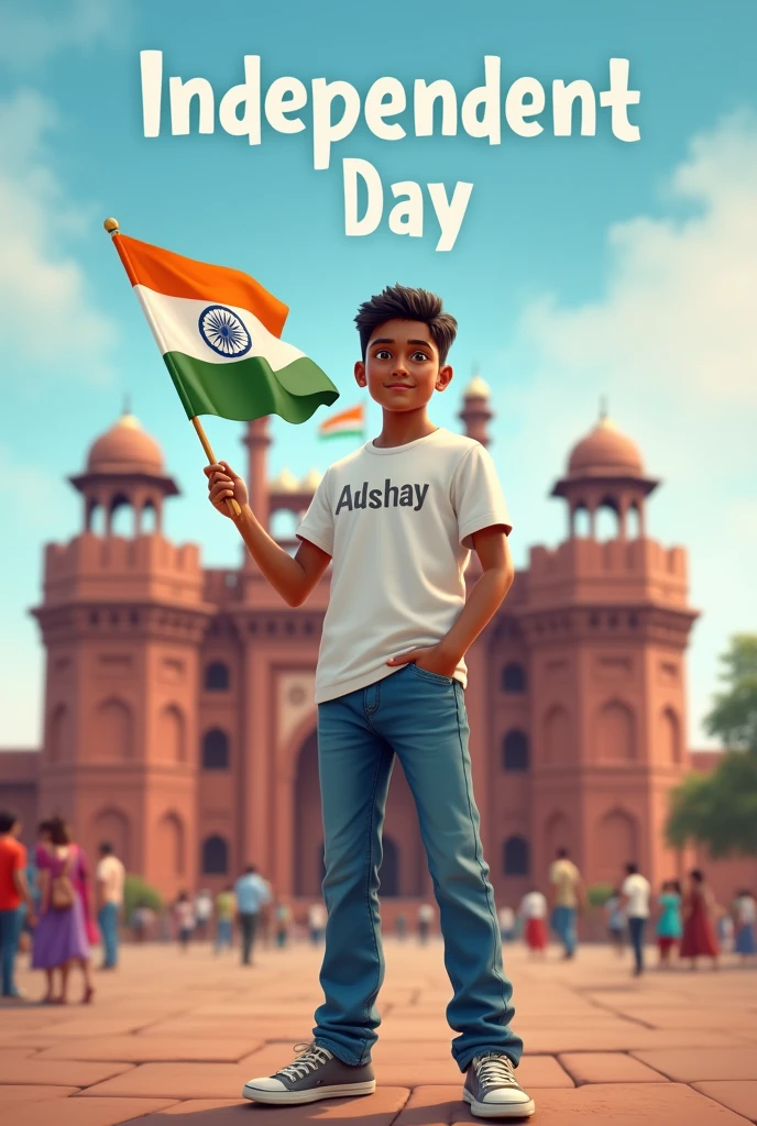 Generate a Realistic 16 years old boy, Wearing White T shirt blue jeans sneakers and the name "Akshay " is written on his t-shirt and the boy is standing on the road with holding a national flag of India, and behind him is the Red Fort Delhi. And written on sky "Independence Day" Create Realistic Written on sky "Independent Day " Create Realistic image high quality 