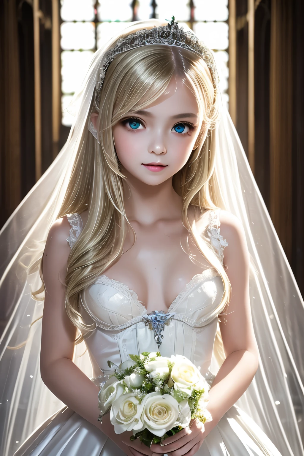 masterpiece,Highest quality,Very detailed,beautiful girl,White gothic ta wedding dress,Frills,bride,Silver Tiara,bouquet,Blonde,A lot of gems,Soft lighting, teen,Perfect Face,Beautiful and detailed eyes,Green Eyes,Beautiful Skin,skinny,Small breasts,Dynamic,Outside the majestic church,Lots of flowers,Flower Shower
