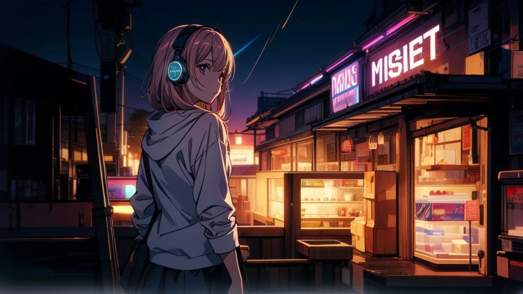 masterpiece, best quality, high quality, detailed, ultra detailed, hyper detailed, insanely detailed, exquisite, beautiful, FHD, Full-HD, 4K, 8K, 16K, highres, absurdres,1girl, ((lo-fi)),Listening to music through headphones,at night,cowboy shot,mksks,Sketch