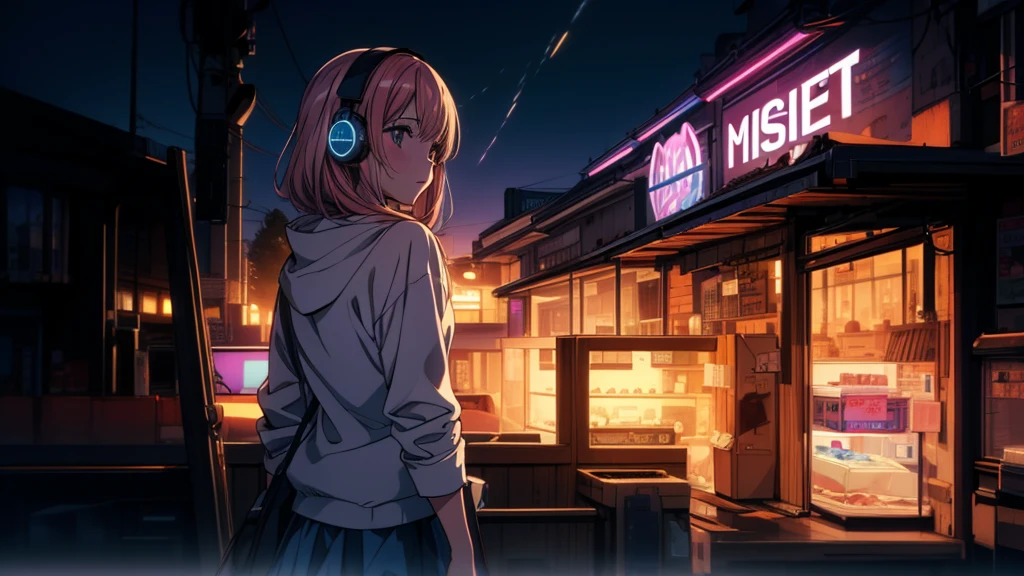 masterpiece, best quality, high quality, detailed, ultra detailed, hyper detailed, insanely detailed, exquisite, beautiful, FHD, Full-HD, 4K, 8K, 16K, highres, absurdres,1girl, ((lo-fi)),Listening to music through headphones,at night,cowboy shot,mksks,Sketch