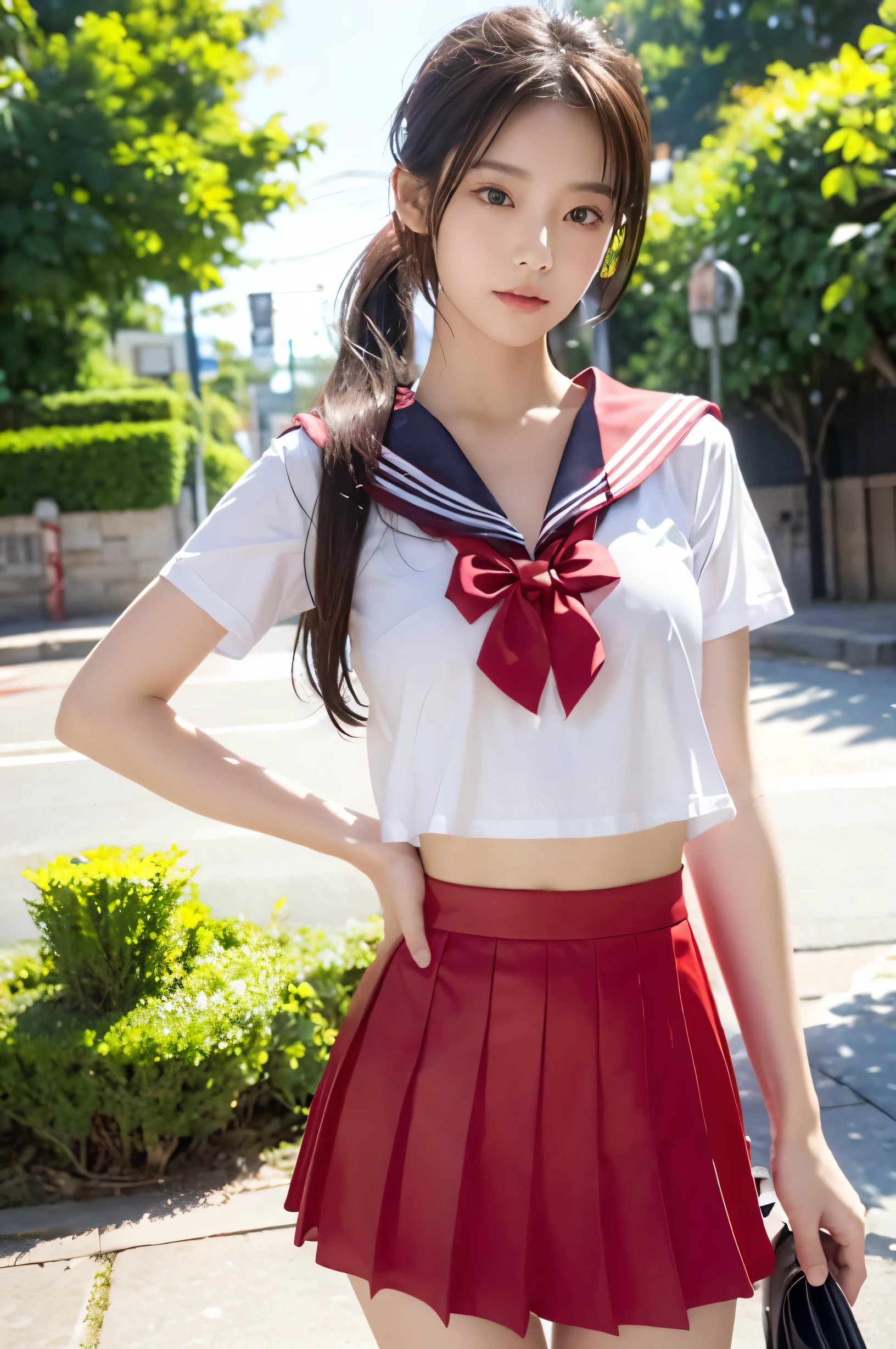 (Ultra HD), (Red sailor suit, Red short skirt), Big Breasts, slender, Narrow waist, (The belly button is visible:0.8), whole body, Standing posture, (Beautiful Skin, Shiny skin, White skin), (Super slim face, Super beautiful face, No makeup), (ponytail, Layered Cut, Fluffy hair), (double eyelid, Slanted Eyes), Small Nose, Thin lips, Thin legs, In front of the school gate