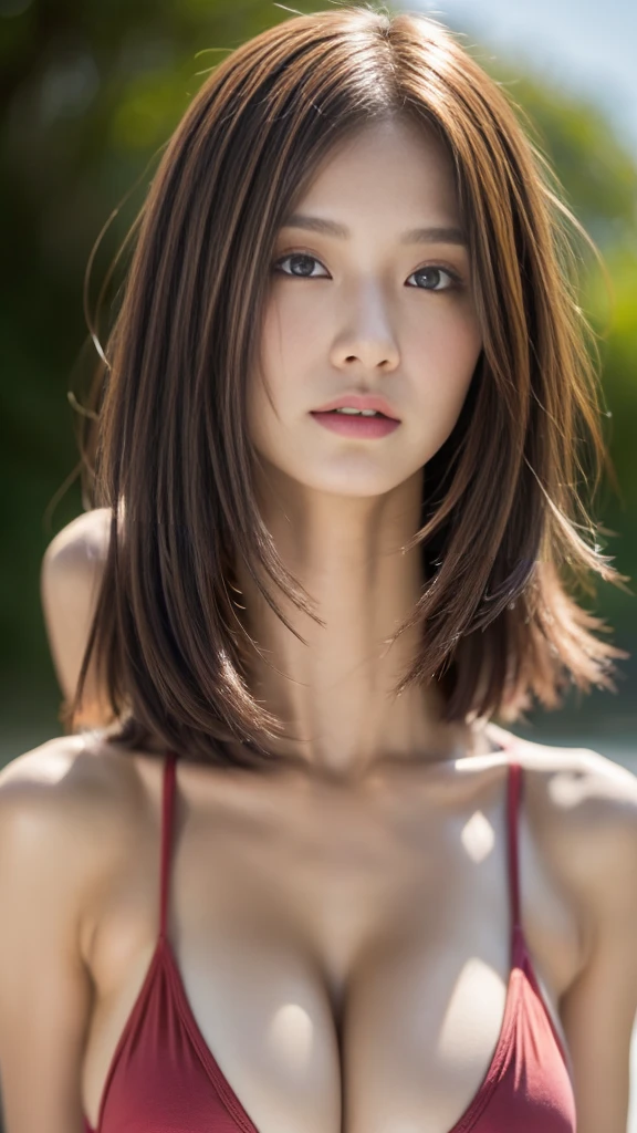 (((32K,Very high resolution, High Detail, Very accurate,masterpiece少女1))),、masterpiece、Highest quality、High resolution、Tabletop、wallpaper、Realistic、Bright lighting、Professional Lighting、Face Light、Smooth lighting、Japanese women、Adult、Beautiful woman、action、gravure、sexy、so beautiful、Beautiful Skin、Beautiful and exquisite、Detailed face、slim、moderately、short hair、Brunette colored hair、Brown eyes、Looking into the camera、Big Breasts、Cleavage、Swimwear、Tropical Beach