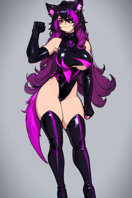 female, black long hair with magenta trim, silver eyes, wolf ears, wolf tail, (((1girl))), (((black and magenta leotard))), (black clawed gauntlets), (black thigh high boots), (black eye mask), cute and sexy, full body, large breasts, long legs, smiling