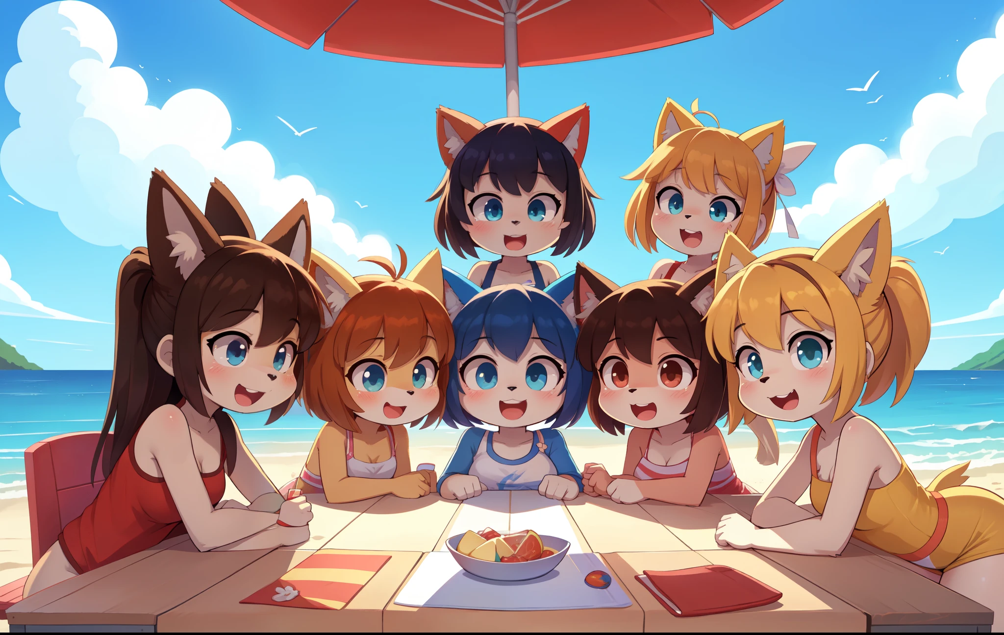 score_9,score_8_up,score_7_up, source_cartoon, source_furry, Furry girls, 6 Girls, multiple girls, couple, beach, clear Sky, funny, summer, friends,