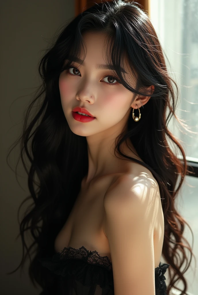 (((True Beauty))),Asian、 RAW Photos, Black Hair、folder、Round eyes、False eyelashes、Straight hair, Wavy Hair、correct、Deep Red Lipstick、Striped Hair、Brown Hair、Blue Hair、(Gradient Hair)、Asymmetrical hair、Hair behind the ear、Crossed bangs、Long Hair、((お尻までLong Hair))、Long Hair、Smooth, Silky Hair、Hair up on one side、とんでもなくLong Hair、Light brown eyes、Ring Eye、Round eyes、Wicked Smile、A light smile、Cast a Shadow、(Extraordinary presence)、Atmospheric perspective、Backlight、Exposure、Lens flare、、最high quality、超High resolution、超High resolution、Very realistic, masterpiece、correct、Textured skin、high quality、最high quality、Awards、32K, 髪のfolder、Crafty、C-CAP&#39;S 、bold、（A light smile）、Embarrassed Laugh、Redness in the ears、correct、Shine、360° View、Very detailed、超High resolution、解剖学的にcorrect、masterpiece、Accentuate your breasts、High resolution、Attention to detail、Long eyelashes、A slight blush、Compensate,I&#39;I don't want to wear clothes、 (((Full Body Shot)))、（(Roll up your hair)）、Seductive pose、Shooting from a distance、Different angles of view、Waist height 、Hair blowing in the wind、