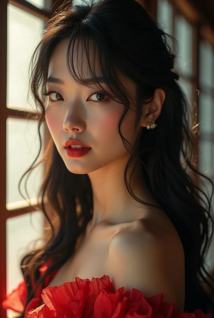 (((True Beauty))),Asian、 RAW Photos, Black Hair、folder、Round eyes、False eyelashes、Straight hair, Wavy Hair、correct、Deep Red Lipstick、Striped Hair、Brown Hair、Blue Hair、(Gradient Hair)、Asymmetrical hair、Hair behind the ear、Crossed bangs、Long Hair、((お尻までLong Hair))、Long Hair、Smooth, Silky Hair、Hair up on one side、とんでもなくLong Hair、Light brown eyes、Ring Eye、Round eyes、Wicked Smile、A light smile、Cast a Shadow、(Extraordinary presence)、Atmospheric perspective、Backlight、Exposure、Lens flare、、最high quality、超High resolution、超High resolution、Very realistic, masterpiece、correct、Textured skin、high quality、最high quality、Awards、32K, 髪のfolder、Crafty、C-CAP&#39;S 、bold、（A light smile）、Embarrassed Laugh、Redness in the ears、correct、Shine、360° View、Very detailed、超High resolution、解剖学的にcorrect、masterpiece、Accentuate your breasts、High resolution、Attention to detail、Long eyelashes、A slight blush、Compensate,I&#39;I don't want to wear clothes、 (((Full Body Shot)))、（(Roll up your hair)）、Seductive pose、Shooting from a distance、Different angles of view、Waist height 、Hair blowing in the wind、