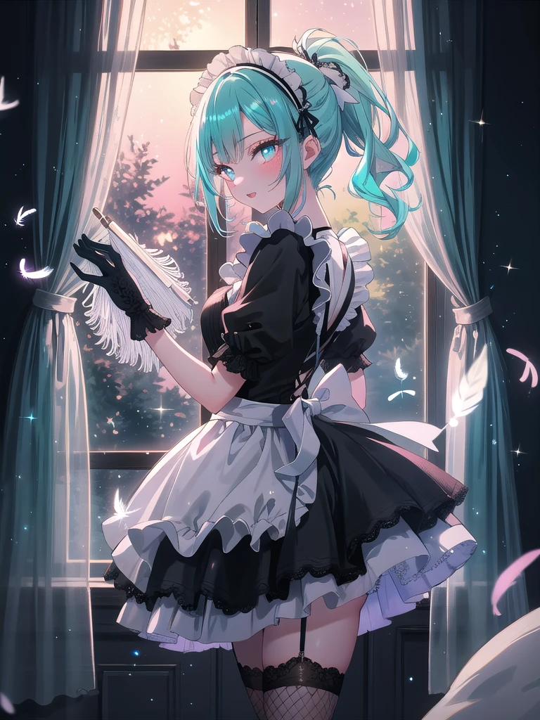 ((8k, Highest quality, masterpiece: 1.3)),Ultra-high resolution,(1 girl, alone), (Color changing eyes, Ultra-detailed, Expressive brilliance, Glitter, Glowing Eyes), Highly detailed eyes, Highly detailed face, Random Hair, ((pastel colour)),A mischievous young woman with pastel teal hair styled into a high ponytail, standing by her window in her dimly lit bedroom during the early hours of the night. She is dressed in a naughty maid cosplay, wearing a short black dress with white lace accents, a matching headpiece, and fishnet stockings. The camera captures her from a frontal angle as she holds a feather duster playfully in one hand, her expression cheeky and alluring. The room is softly lit by the moonlight filtering through the curtains, with a polished dresser and a few scattered cleaning supplies adding to the playful yet seductive atmosphere.

