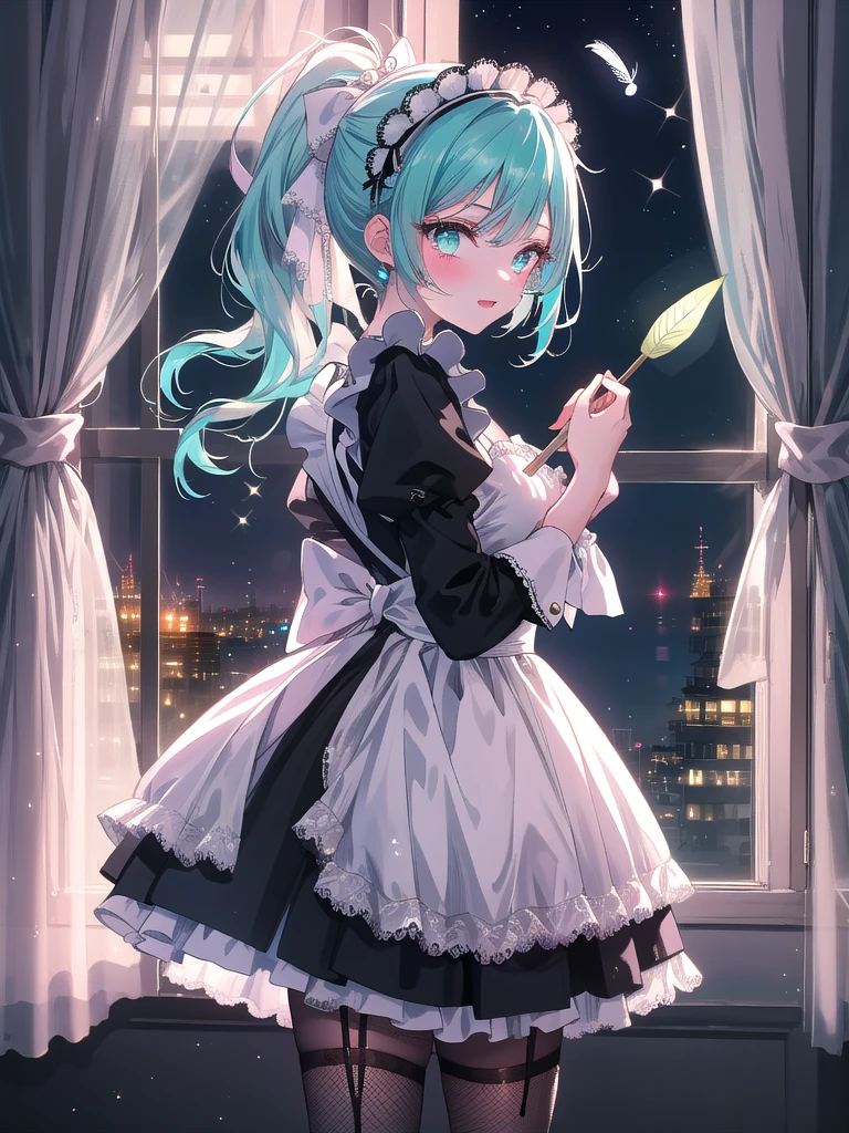 ((8k, Highest quality, masterpiece: 1.3)),Ultra-high resolution,(1 girl, alone), (Color changing eyes, Ultra-detailed, Expressive brilliance, Glitter, Glowing Eyes), Highly detailed eyes, Highly detailed face, Random Hair, ((pastel colour)),A mischievous young woman with pastel teal hair styled into a high ponytail, standing by her window in her dimly lit bedroom during the early hours of the night. She is dressed in a naughty maid cosplay, wearing a short black dress with white lace accents, a matching headpiece, and fishnet stockings. The camera captures her from a frontal angle as she holds a feather duster playfully in one hand, her expression cheeky and alluring. The room is softly lit by the moonlight filtering through the curtains, with a polished dresser and a few scattered cleaning supplies adding to the playful yet seductive atmosphere.