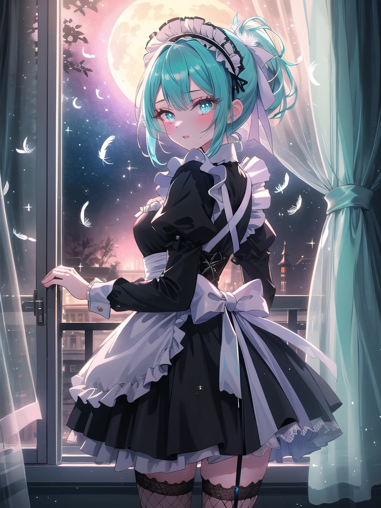 ((8k, Highest quality, masterpiece: 1.3)),Ultra-high resolution,(1 girl, alone), (Color changing eyes, Ultra-detailed, Expressive brilliance, Glitter, Glowing Eyes), Highly detailed eyes, Highly detailed face, Random Hair, ((pastel colour)),A mischievous young woman with pastel teal hair styled into a high ponytail, standing by her window in her dimly lit bedroom during the early hours of the night. She is dressed in a naughty maid cosplay, wearing a short black dress with white lace accents, a matching headpiece, and fishnet stockings. The camera captures her from a frontal angle as she holds a feather duster playfully in one hand, her expression cheeky and alluring. The room is softly lit by the moonlight filtering through the curtains, with a polished dresser and a few scattered cleaning supplies adding to the playful yet seductive atmosphere.


