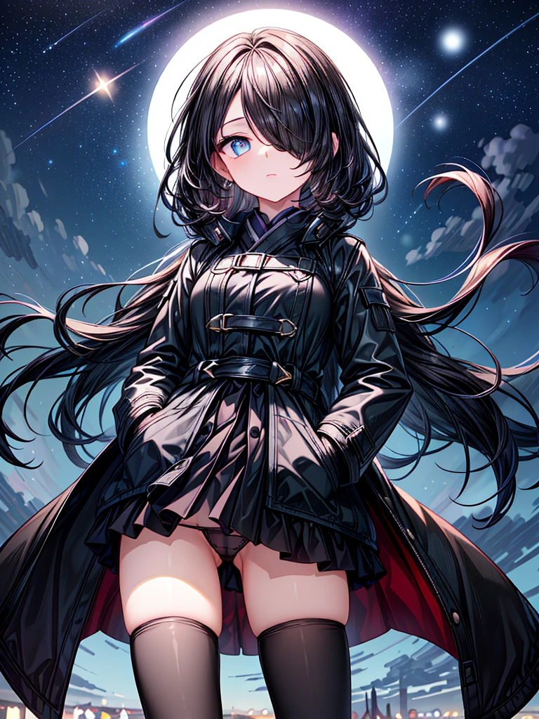 ((Oriental Project)),((masterpiece)),((Highest quality)),((Fascinating)),((alone)),((Deep blue pupils)),((Beautiful Blue Eyes)),((Wearing a black coat)),((panties aside)),((Wearing a black mini skirt,She is wearing black tights under her skirt)),((Slim legs)),((length, Shiny black hair)),((Her left eye is completely hidden by her bangs)),((Her hair is parted, and you can see her eyes through it)),((Wearing black gloves)),((hair over one eye,long hair)),,((Complex background)),((Starry night view)),(((Standing on a hill))),((Put your arms in your pockets)),((Looking up at the night sky)),